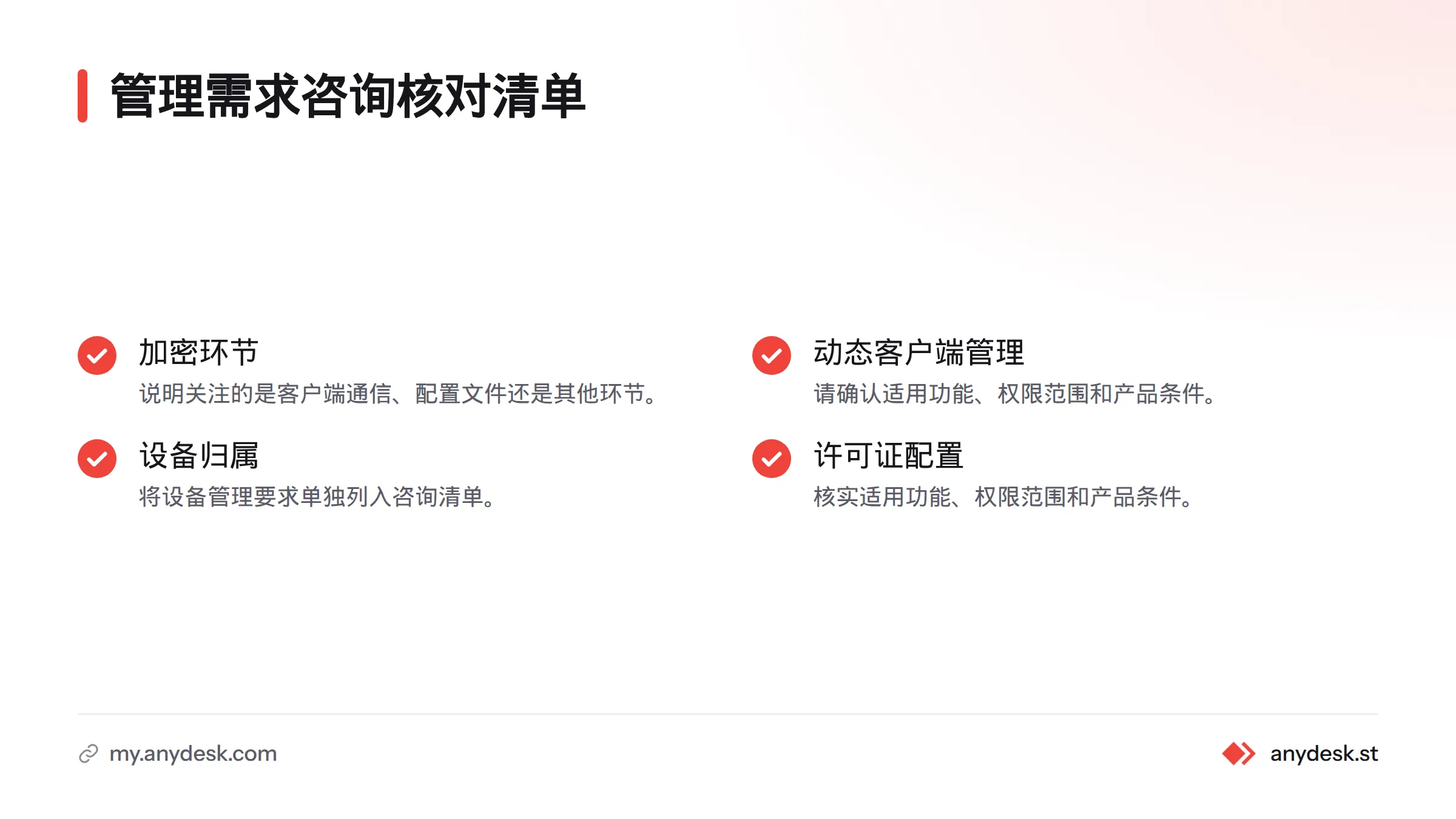咨询清单涵盖加密、动态客户端管理、设备归属和许可证配置四项需求。